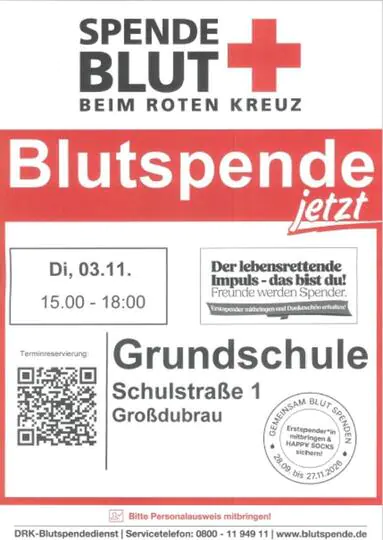 Blutspende in der Grundschule Großdubrau am 03.11.2026