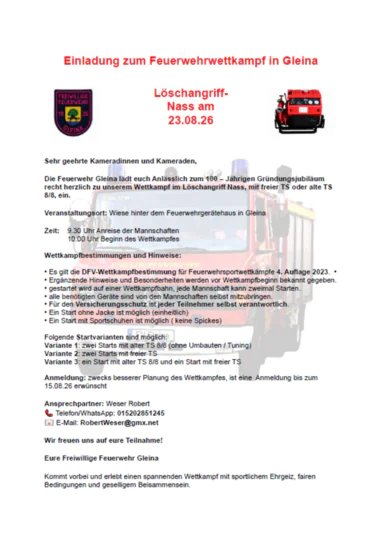 Einladung zum Feuerwehrwettkampf in Gleina am 23.08.2026