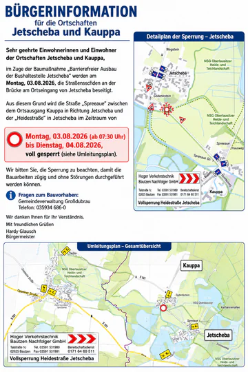 Straßensperrung Jetscheba / Kauppa am 03.08.2026